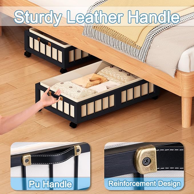 efluky 2-Pack Bamboo Under Bed Storage Containers with Wheels, Under Bed Clothes Storage Basket with Large Dust Bag, Rolling UnderBed Storage for Bedroom, Dorm and Basement, Black