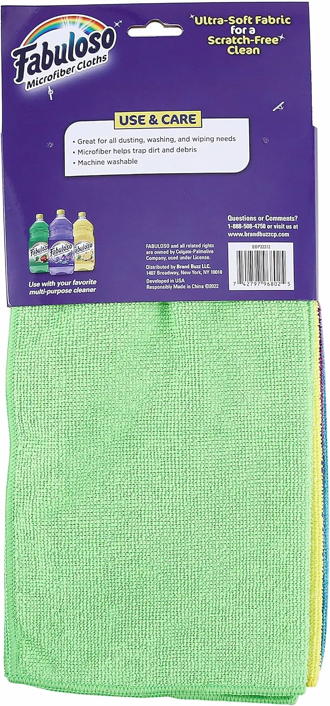 Fabuloso Microfiber Cleaning Cloths, Rainbow - Lint-Free, Scratch-Free Cleaning Cloths for Surfaces and Wood Furniture - Dustless Cloth for Bold and Bright Cleaning Experience, 8 Count
