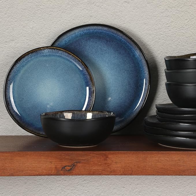 Gibson Elite Nardini 12 Piece Plates and Bowls Reactive Glaze Dishes Stoneware