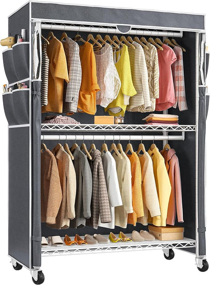 Raybee Heavy Duty Clothes Rack with Cover, 81" H Clothing Racks for Hanging Clothes, Portable with Wheels and Adjustable Feet, Max Load 440LBS, White
