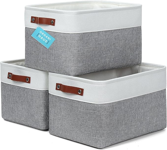 OrganiHaus Large Fabric Storage Baskets for Shelves 3 Pack, 15x11in Closet Storage Bins for Shelves, Cloth Baskets for Organizing, Linen Closet Organizers, Fabric Basket, Gray/White