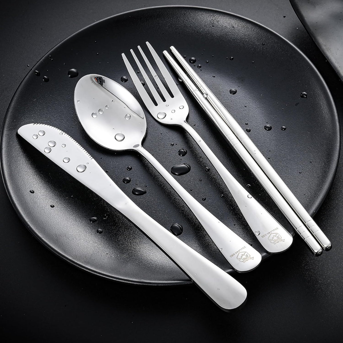 Boulder Bee Travel Utensils Set | Reusable Camping Cutlery Set | Stainless Steel Flatware Set | Portable Silverware Set with Case | Includes Knife/Fork/Spoon/Chopsticks/Cleaning Cloth/Case (Sliver)