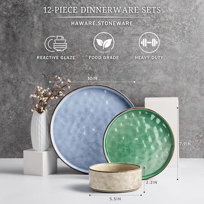 HaWare Dinnerware Sets, 12-Piece Plates and Bowls Set, Stoneware Dish Set