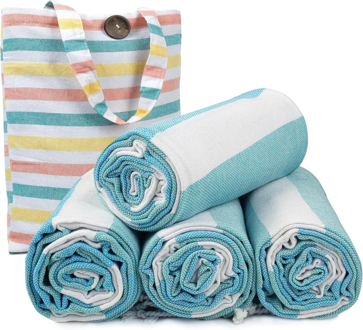 HILLFAIR Cotton Turkish Beach Towels, Quick Dry Lightweight Sand Free Peshtemal Towel for Bath Swim Yoga Spa Travel, Beach Accessories, Oversized Cotton Turkish Towels (39 x 72 inch- 4 Pack Sea)