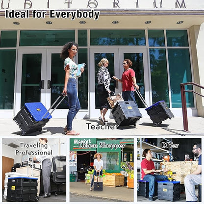 dbest products Quik Cart Collapsible Rolling Crate on Wheels for Teachers Tote Basket, 80 lbs Capacity, Blue Lid Made from Heavy Duty Plastic and used as a Seat
