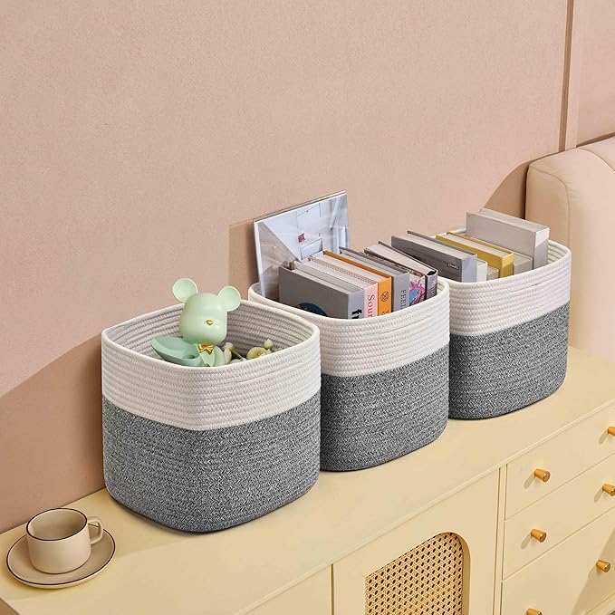3 Pack Storage Cubes 11 Inch Cotton Rope Woven Baskets for Organizing Cube Bin Square Shelves Organizer,Classroom,Kids Toy Bins,Closet,Baby Nursery(Grey)