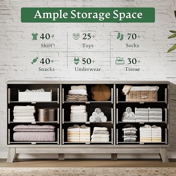 Fluted Dresser with 9 Drawers, 63" Wide Modern Chest of Drawers with Metal Handle, Wooden Dresser TV Stand, Wood Closet Clothes Storage Organizer for Bedroom, Living Room, Hallway, Light Grey