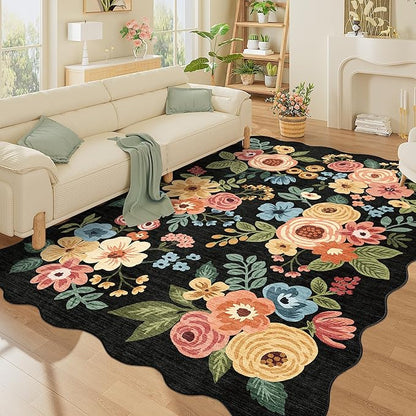 DUKINO 5x7 Area Rug, Floral Washable Rugs for Living Room with Non Slip Backing & Non-Shedding, Lightwight Low Pile Boho Design Large Carpets for Bedroom, Living Room, Dining Room, Black