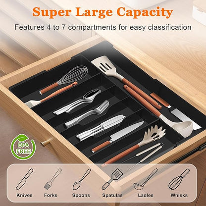 Expandable Large Silverware Organizer - BPA-Free Food-Safe Utensil Drawer Organizer Adjustable Kitchen Drawer Organizer Flatware Cutlery Tray, Classified Storage for Spoons Forks Knives