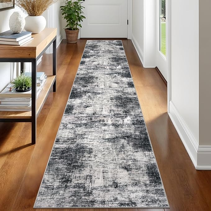 IOHOUZE Abstract Runner Rug 2x12 Ft Washable Runners for Hallways, Non Slip Kitchen Runner Printed Faux Wool Entryway Runner Indoor, Modern Abstract Floor Carpet for Hall Kitchen, Black Gey