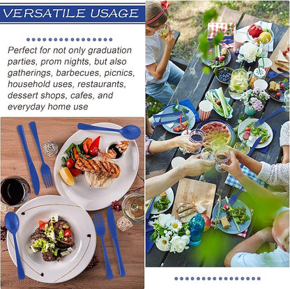300 Pieces Dark Blue Plastic Silverware Heavy Duty Plastic Cutlery Set Heavyweight Disposable Flatware Includes Spoons Forks Knifes for Birthday Party Prom Night Wedding Dinner