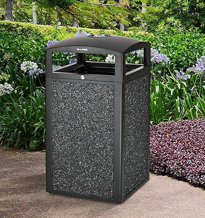 Alpine Outdoor Commercial Trash Can with Lid - 40 Gallon Heavy Duty Metal Garbage Can with Removable Bin, Locking Lid for a Modern Look in Park, Mall & High Traffic Areas-Grey Stone Panels (With Tray)