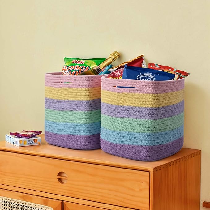 3 Pack Storage Cubes 11 Inch Cotton Rope Woven Baskets for Organizing Cube Bin Square Shelves Organizer,Classroom,Kids Toy Bins,Closet,Baby Nursery(Light Rainbow)