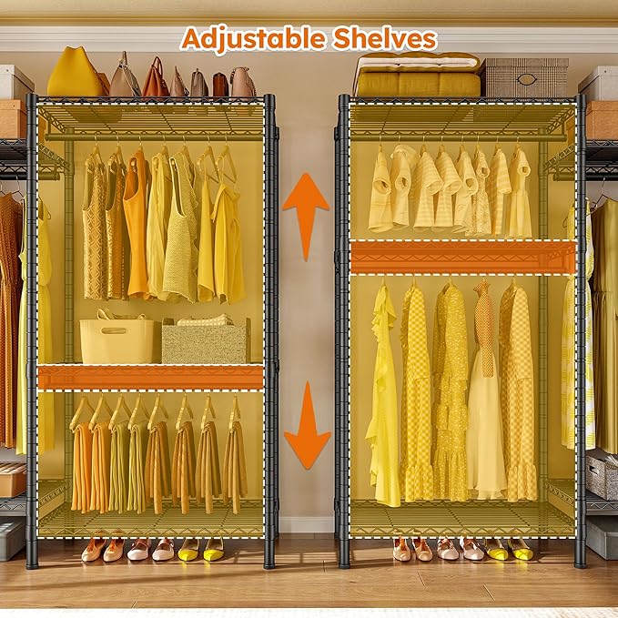 Raybee Clothes Rack,Clothing Racks for Hanging Clothes Heavy Duty,Adjustable Garment Rack with Shelves,Clothing Rack Max Load 905LBS,75" W x 77" H x 17.8" D,Black