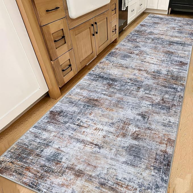 IOHOUZE Abstract Runner Rug 3x14 Ft Washable Runners for Hallways, Non Slip Kitchen Runner Printed Faux Wool Entryway Runner Indoor, Modern Abstract Floor Carpet for Hall Stair, Orange Grey
