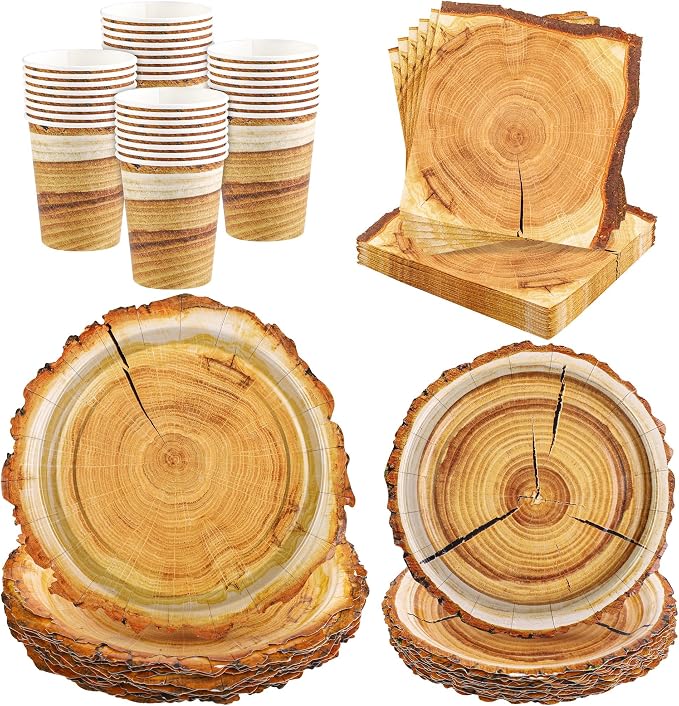 Kochorie 96 Pieces Camping Wood Grain Slice Tableware Set Rustic Wood Party