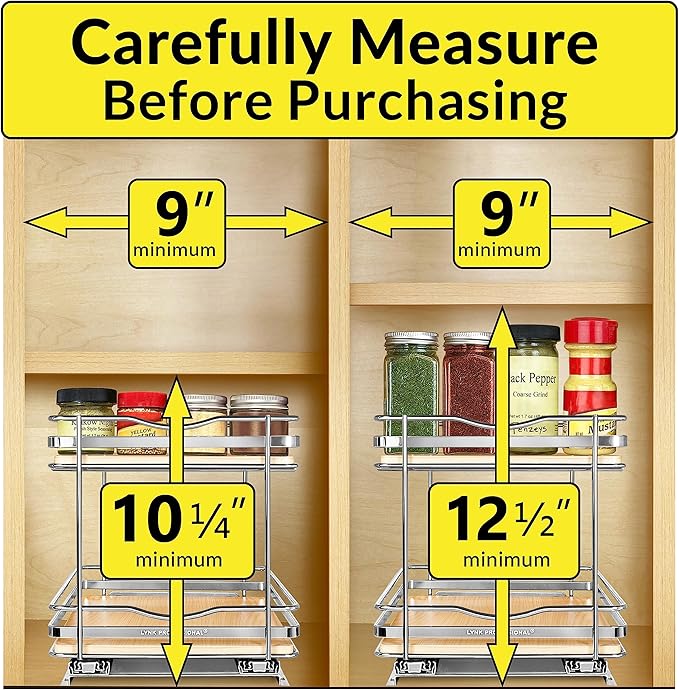 LYNK PROFESSIONAL® Élite™ Pull Out Spice Rack Organizer for Inside Kitchen Cabinets - 8-1/4 inch Wide - Slide Out Drawer – Wood/Chrome Sliding Spice Cabinet Organization Shelf Racks - 2 Tier