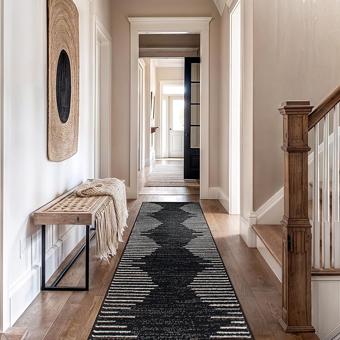 Rugshop Bohemian Stripe Stain Resistant High Traffic Living Room Kitchen Bedroom Dining Home Office Runner Rug 2'7" x 10' Black