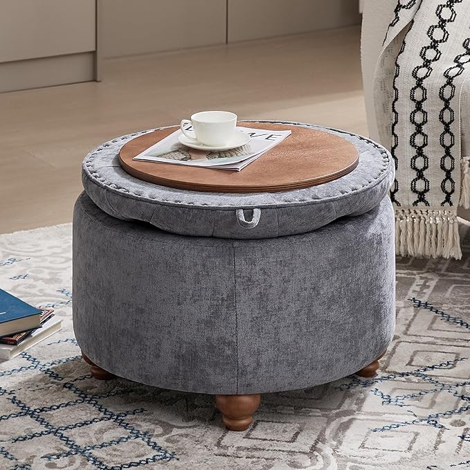 24Inch Round Storage Ottoman with Tray, Modern Tufted Circle Coffee Table with Storage, Upholstered Ottoman with Removable Top for Living Room, Bedroom, Chenille Blue