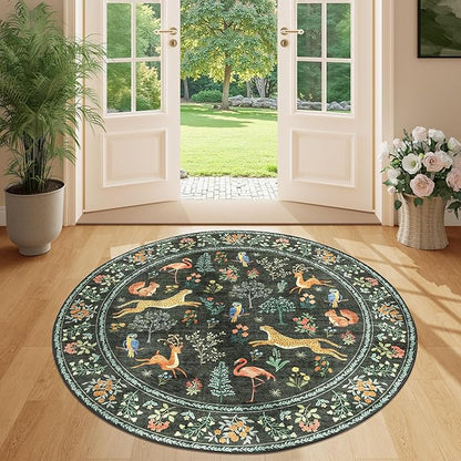 DUKINO 4ft Round Rug, Washable Round Area Rug, Non Slip Indoor Low Pile Animal Design, Soft Small Vintage Circle Carpet for Bedroom, Entryway, Living Room, Dining Room, Black