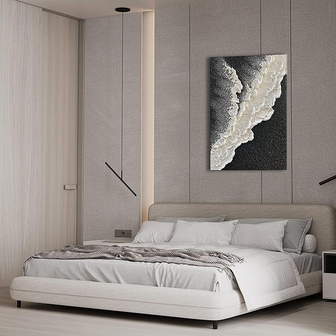 NANKAI Handcrafted Thick Texture Black and White Abstract Canvas Art Ocean Wave Beach Landscape Oil Painting Home Wall Art Deco Oil Painting 24X36 Inches