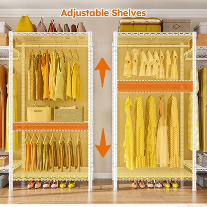 Raybee Clothes Rack,Clothing Racks for Hanging Clothes Heavy Duty,Adjustable Garment Rack with Shelves,rolling clothes rack Max Load 905LBS,75" W x 77" H x 17.8" D,White