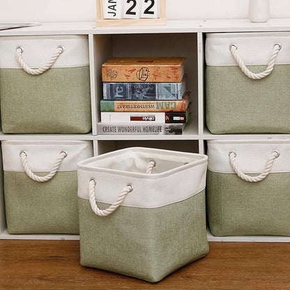 Cube Storage Bins, Collapsible Fabric Storage Cubes Bins, 11 Inch Cube Storage Bins with Handles, Foldable Storage Cubes (White/Green, 6Pack)