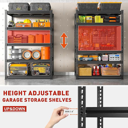 REIBII 72" H Garage Shelving Load 2500 LBS, Heavy Duty Storage Shelves, 5-Tier Adjustable Garage Shelves for Warehouse, Basement, 72" H x36 W x18 D, Black