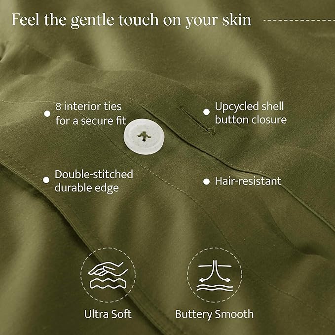 Double Stitch Cotton Tencel Duvet Cover - King Size Comforter Cover, Luxury & Soft Eucalyptus Lyocell Bedding Set for Hot Sleepers, Cooling, Smooth & Breathable, Button Closure, Olive Green, 106"x90"