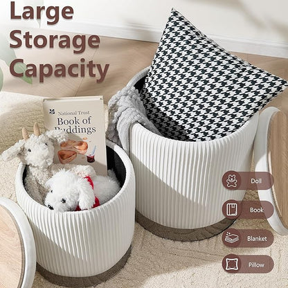 Royal Windsor Round Ottoman with Storage Set of 2, Vanity Stool with Storage for Bedroom, Ottoman Coffee Table Silver-Tone Ring Around The Base, Small Velvet Foot Stool for Living Room, White