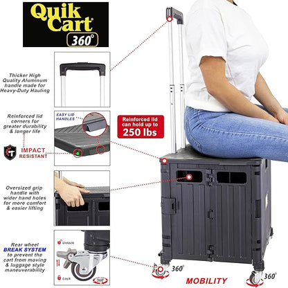 dbest products Quik Cart 360 Four Wheeled Rolling Crate Teacher Utility with seat Heavy Duty Collapsible Basket with Handle, Black