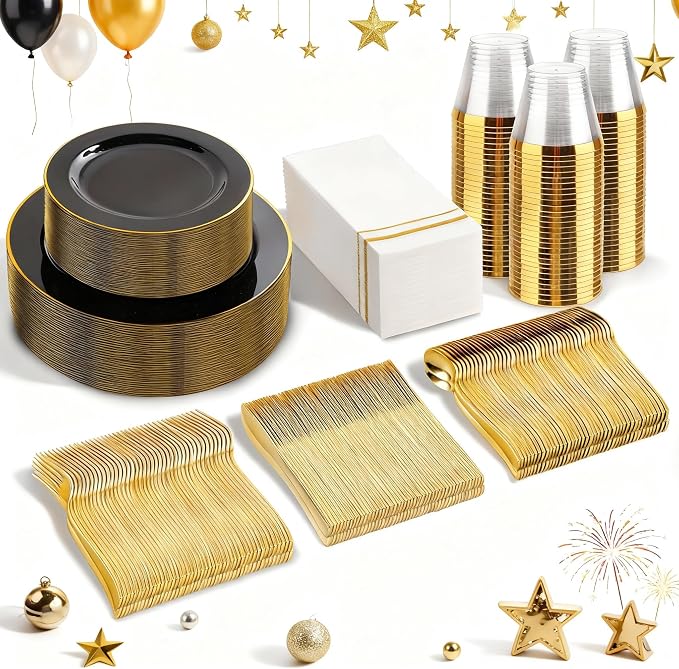 SUT 350-Piece Black and Gold Disposable Plates