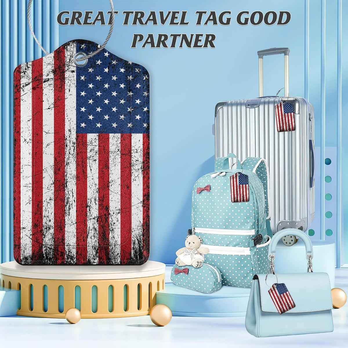 3 Pack Luggage Tag for Suitcase,American Flag USA Flag Leather Luggage Tags with Privacy Cover Name ID Label Identifiers Travel Bag Tags for Women Men Boys Girls