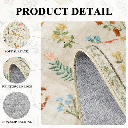 DUKINO 6x9 Rug, Washable Animal Living Room Rug with Non Slip Vintage Design, Soft Low Pile Large Carpet for Bedroom, Nursery, Dining Room, Farmhouse, Playroom, White