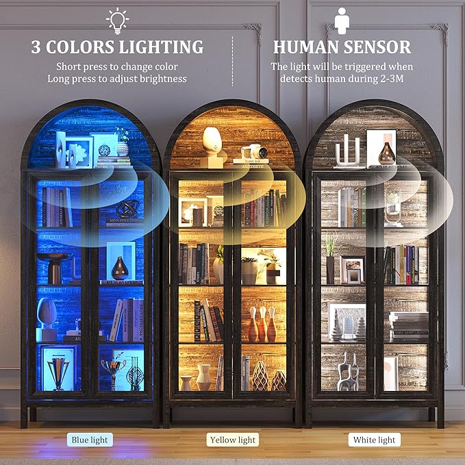Arched Kitchen Pantry Cabinet with Glass Doors, Display Curio Case with 3 Color LED Lights for Collectibles, Modern 5-Tier Storage Hutch Cabinet Brown