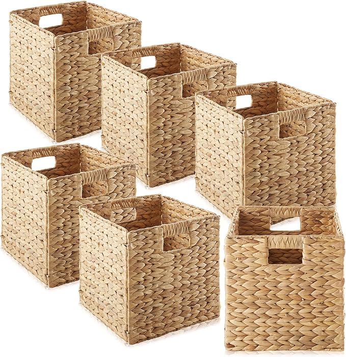 Casafield 10.5" x 10.5" Water Hyacinth Storage Baskets, Natural - Set of 6 Collapsible Cube Organizers, Woven Bins for Bathroom, Bedroom, Laundry, Pantry, Shelves