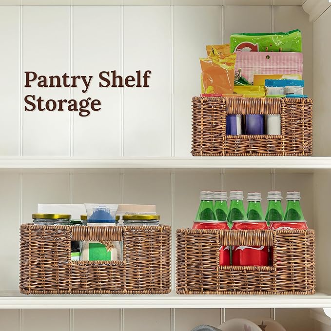 Baskets for Organizing, Undershelf Wicker Storage, Hand Woven Organizer for Closet Organization, Rectangular, Set of 3, Toffee