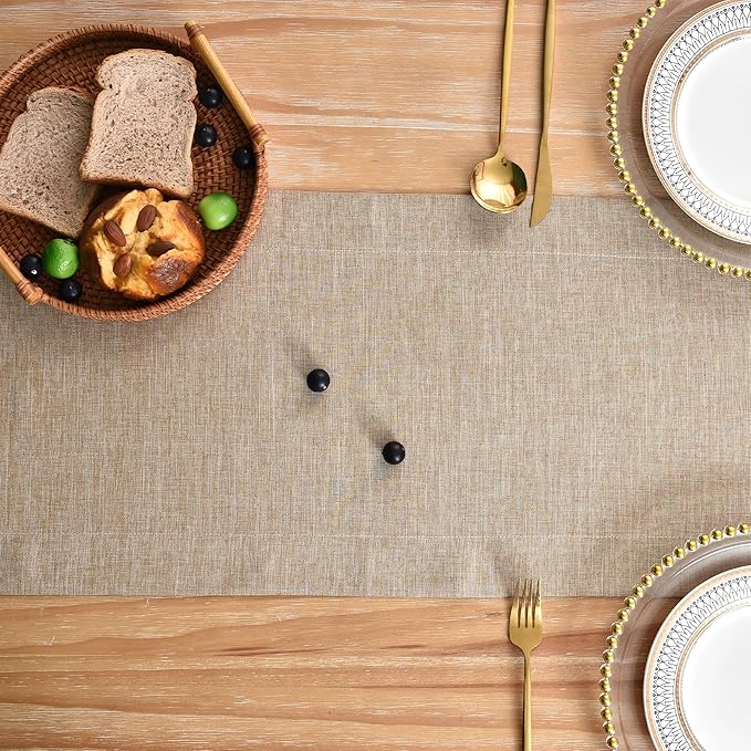 NEWISHER Farmhouse Rustic Table Runner Solid Flaxen Rectangular Table Runners Faux Linen Table Runner for Everyday Use Kitchen Dining Party Table 13x60 Inch