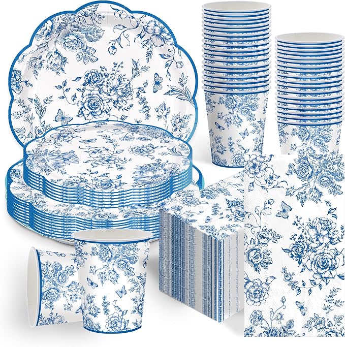 100pcs Blue Floral Paper Plates Napkins Flower Scalloped Tableware | Disposable