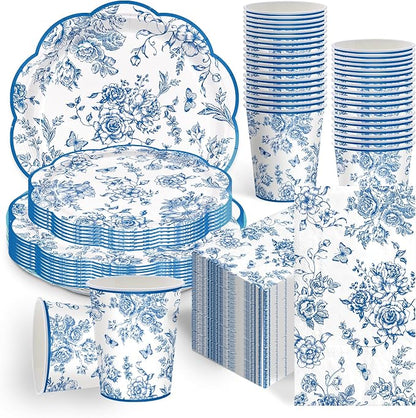 100pcs Blue Floral Paper Plates Napkins Flower Scalloped Tableware | Disposable