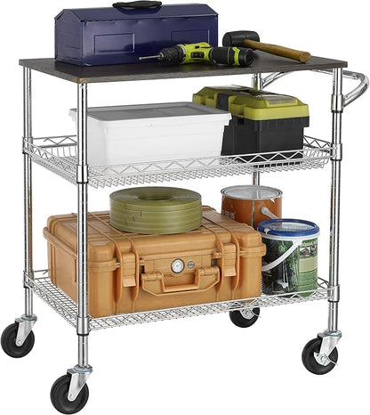 Finnhomy 3 Tier Heavy Duty Commercial Grade Utility Cart with Wood Top, Wire Rolling Cart with Handle Bar, Steel Service Cart with Wheels, Utility Shelf Food Storage Trolley, NSF Listed