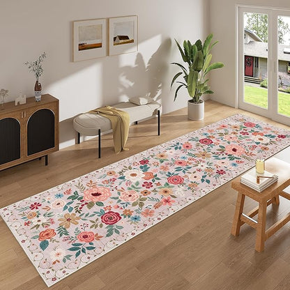 DUKINO 3x10 Runner Rug for Hallway, Washable Kitchen Floral Runner Rug with Non Slip Backing, Low Pile Soft Boho Carpet for Kitchen, Hallway, Entryway, Laundry, Bedroom, Beige