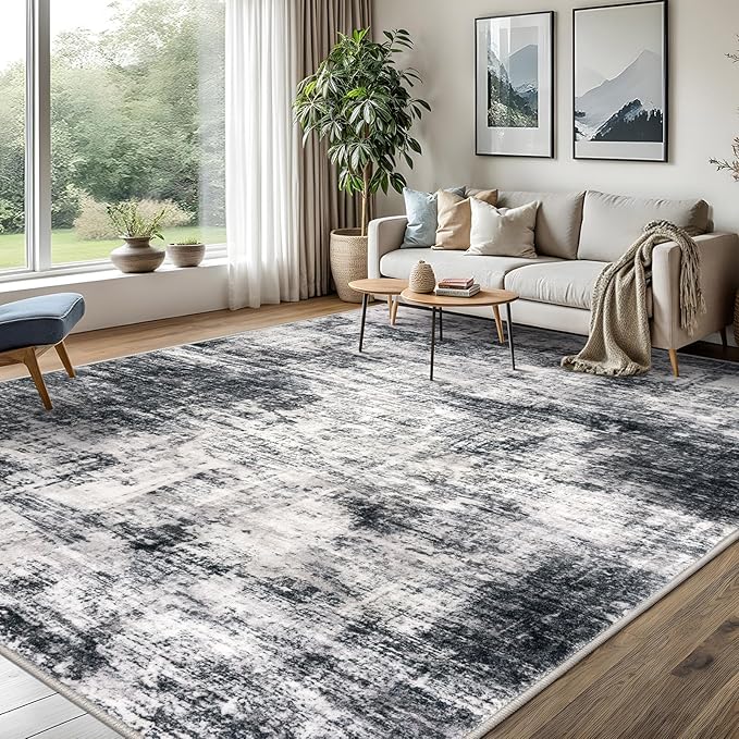 IOHOUZE Abstract Area Rugs 8x10 Ft Washable Large Rugs for Living Room, Non Slip Dining Room Rug, Printed Faux Wool Rugs for Bedroom, Floor Carpet for Office Nursery Playroom, Black Grey