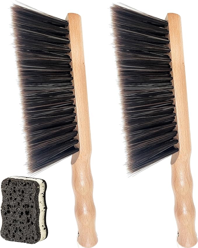 2Pcs Hand Broom Brush Beech Wood,Dust Brush,Duster for Counter,12inch Foxtail Bench Brush, Round Handle Handheld Brushes,5 Rows Soft Bristles for Bed,Shop Table,Woodworking Cleaning,Car,Sofa