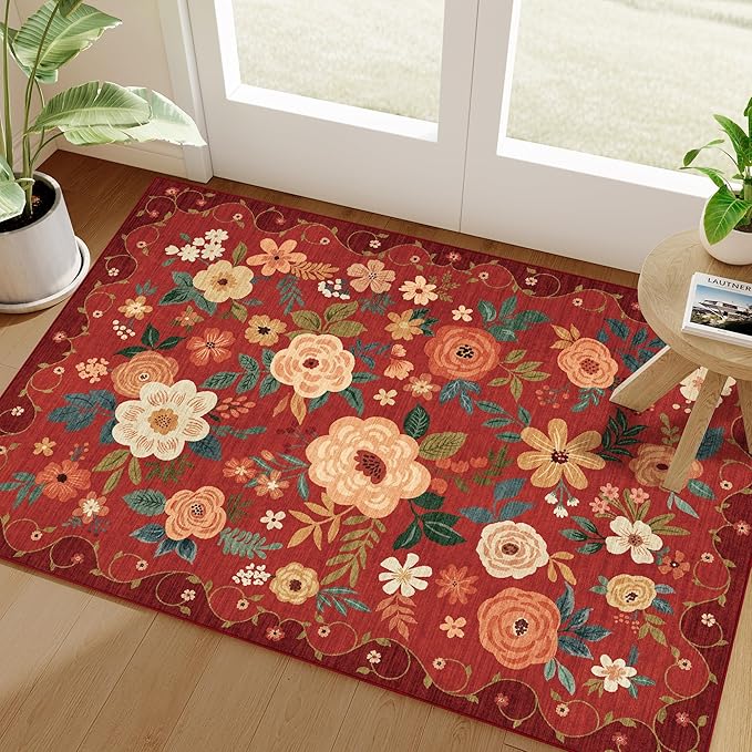 DUKINO 2x3 Rugs for Entryway, Floral Indoor Washable Door Mat, Non Slip Boho Small Rug for Kitchen, Soft Low Pile Front Door Throw Rug for Entrance, Bedroom, Kitchen, Laundry, Bathroom, Red