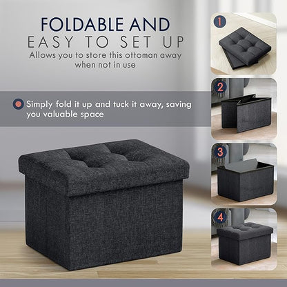Ornavo Home Small Storage Ottoman Foldable Collapsible Rectangle Linen Ottoman Foot Rest Stool Seat, for Living Room, Bedroom, Home Office, Dorm - 12 x 16 x 12, Black