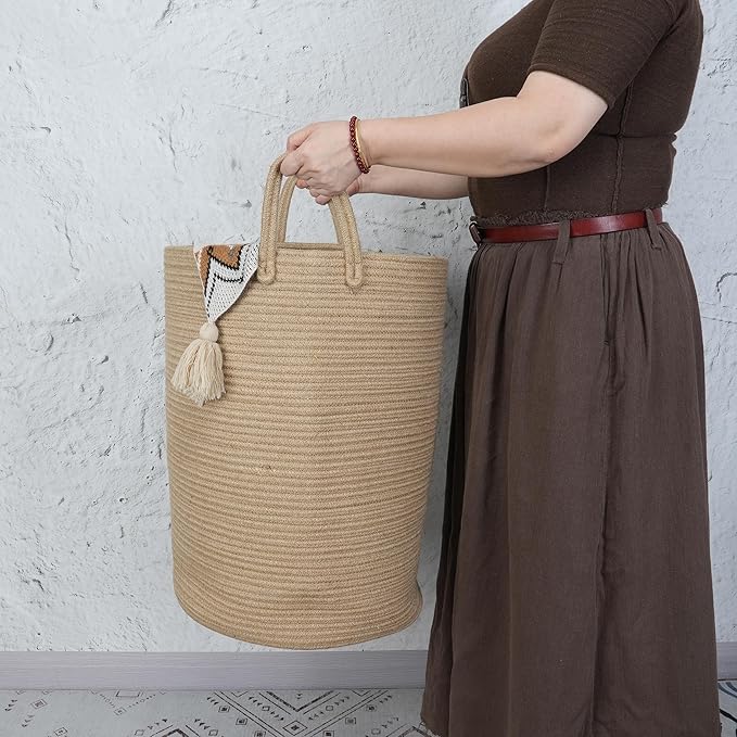 Cotton Rope Laundry Basket Hamper for Clothes Woven Storage Basket for Living Room Bedroom Boho Tall Rope Baskets for Blanket Toys Pillow Towels Baby Nursery Hamper Bin Large jute