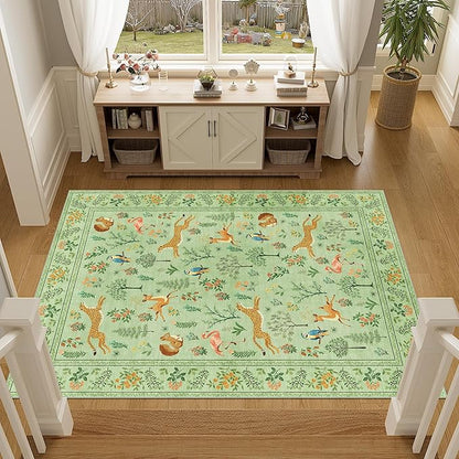 DUKINO 4x6 Rug, Washable Animal Area Rug with Non Slip Vintage Design, Indoor Soft Low Pile Carpet for Bedroom, Nursery, Dining Room, Farmhouse, Playroom, Light Green