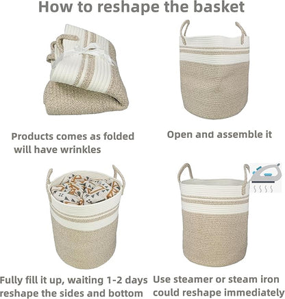 Cotton Rope Laundry Basket Hamper for Clothes Woven Storage Basket for Living Room Bedroom Boho Tall Rope Baskets for Blanket Toys Pillow Towels Baby Nursery Hamper Bin Large brown and white