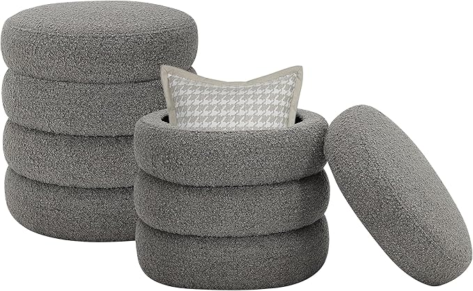 Round Ottoman with Storage Boucle Ottoman Stool Removable Lid for Living Room Modern Upholstered Vanity Storage Stool Foot Rest Bedroom Dorm Gifts Set of 2 (Grey)